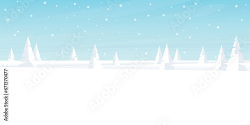 Snow landscape with geometric pine forest and snowfall on blue sky background have blank space. Merry Xmas and Happy New Year greeting card vector illustration template.