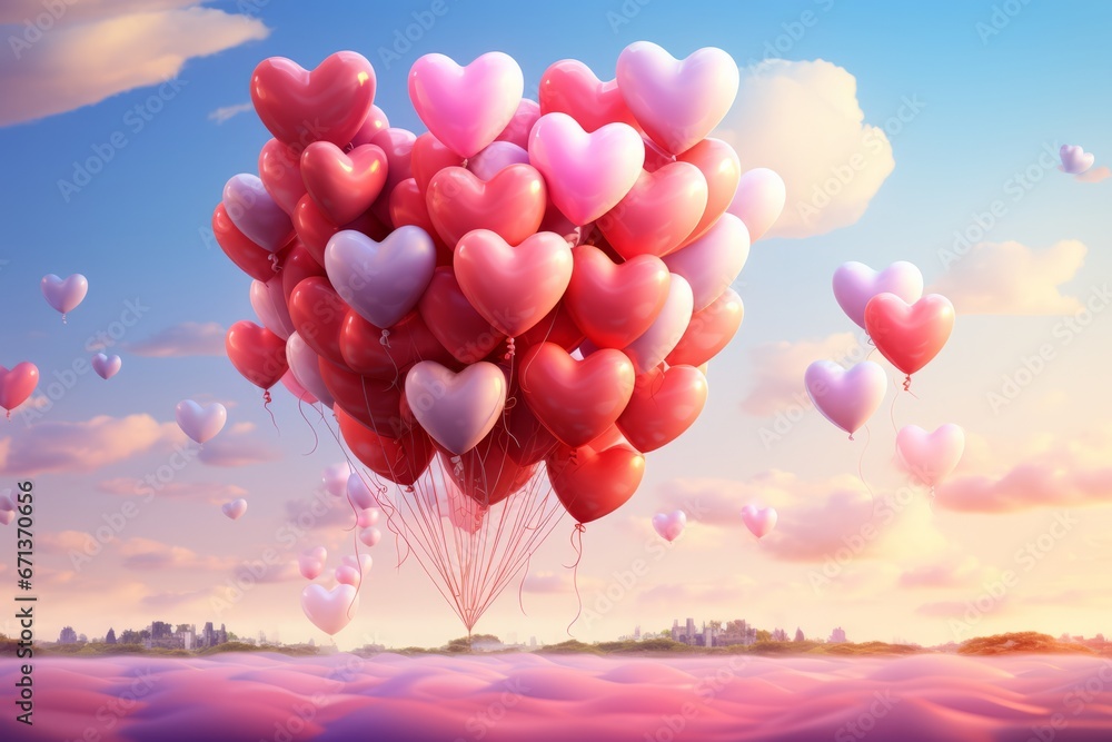 Heart-shaped balloons floating in the sky romantic
