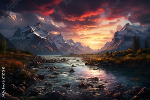 Fantasy landscape with mountains, lake and starry sky at night. Digital painting.