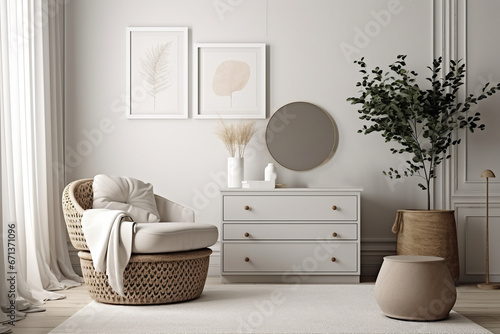 Elegant living room interior design with mockup poster frame  modern frotte armchair  wooden commode and stylish accessories.