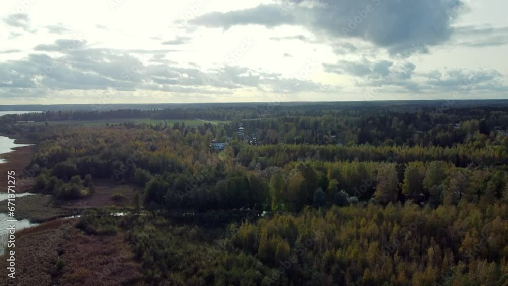 Fly over a native pine forest on a sunny day in the spring season, careful microclimate with houses away from the hustle and bustle Järvenpää in Finland Fly over a native pine forest on a sunny day in the spring season, careful microclimate with houses away from the hustle and bustle Järvenpää in Finland
