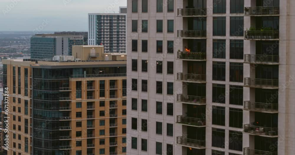 Panning right drone shot of buildings in downtown Houston, Texas Panning right drone shot of buildings in downtown Houston, Texas
