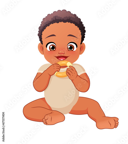 Cute happy little Black baby biting teether. Vector illustration isolated on white background.