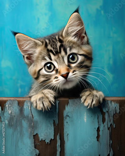 A cute little cat on a wooden background © grey