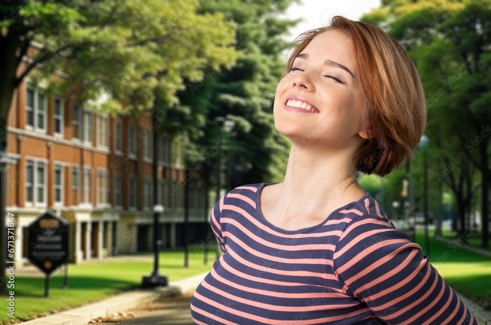 Happy young woman breathing air in a park, AI generated image