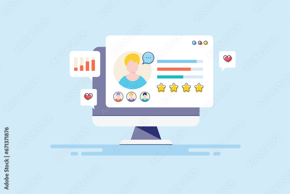 Customer profile data analytics, buyer persona information display on computer screen, vector illustration web banner.