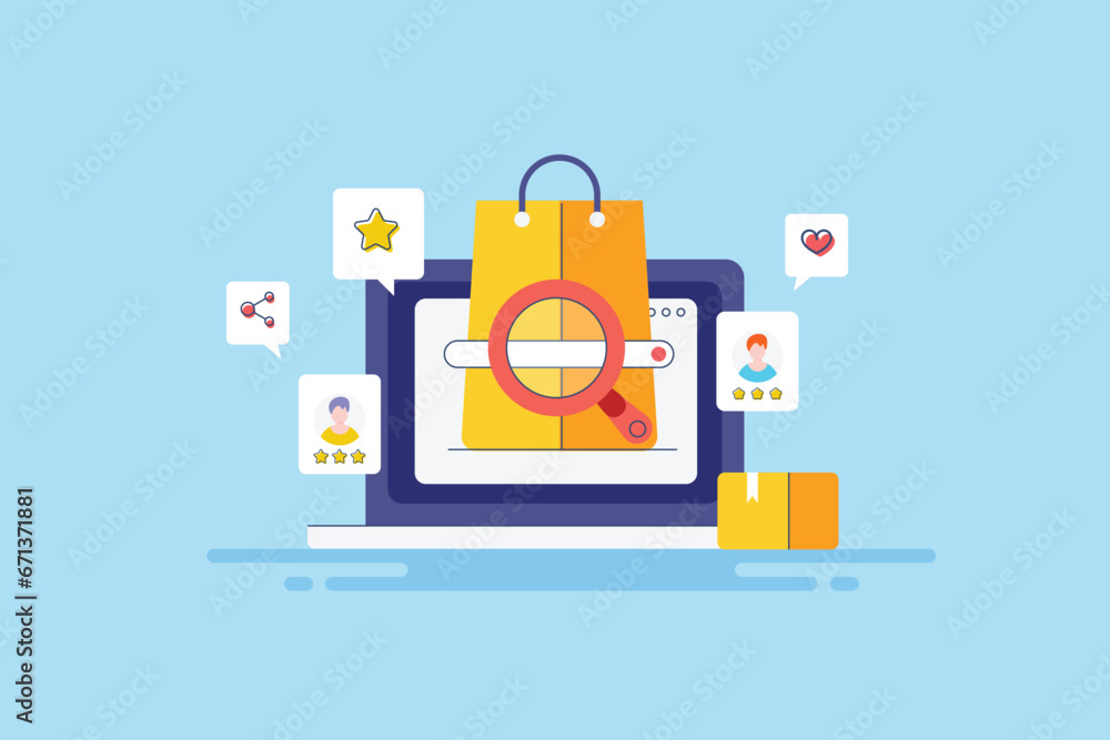 Introducing new product to marketplace, product review, online shopping ecommerce website search, customer share feedback conceptual filled outline vector illustration.