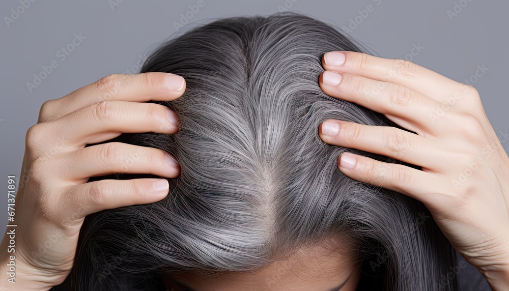 Naklejka premium Gray hair health portrait. Close up concept of natural and scalp. Beauty and care. View illustrating and scalp