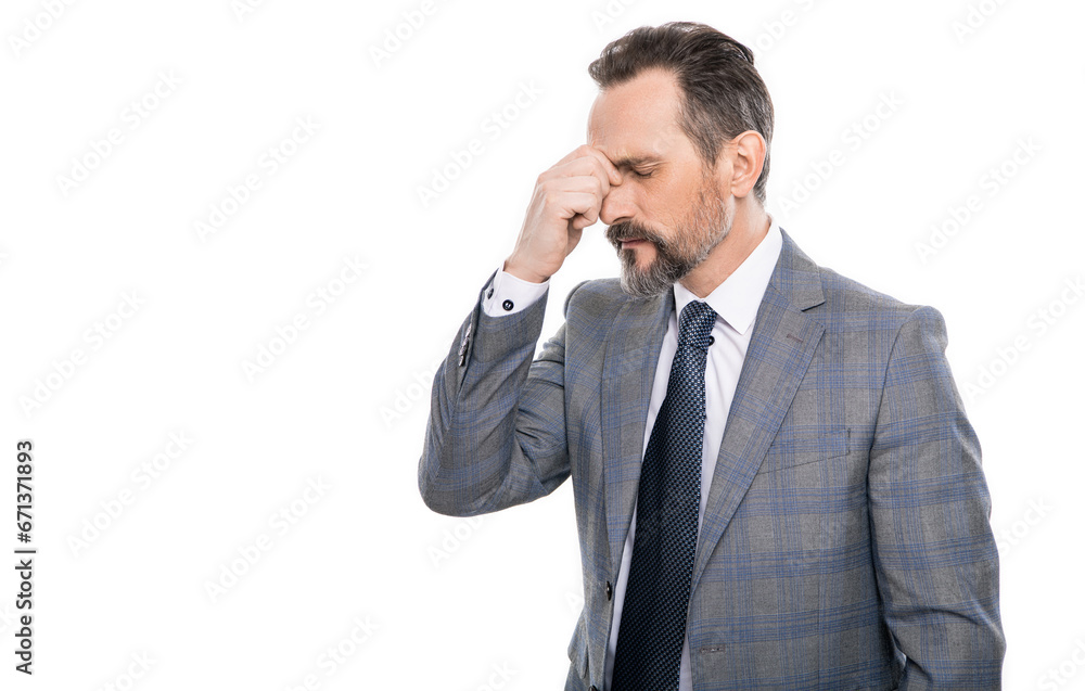 Headache and eye strain. Chronic headache. Migraine from overwork, deadline. Business man in suit with headache. Businessman has stress. Mature businessman in suit isolated on white. copy space Headache and eye strain. Chronic headache. Migraine from overwork, deadline. Business man in suit with headache. Businessman has stress. Mature businessman in suit isolated on white. copy space