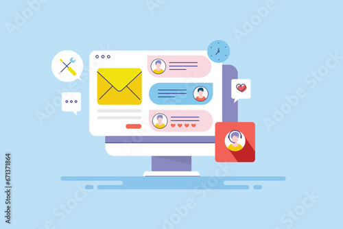 Online customer support, email and chat communication, business service and technical support call centre conceptual vector illustration.