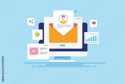 Email dashboard on computer screen, document coming out from mail letter, reaching people with email content marketing, vector illustration web banner.