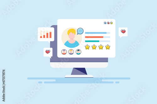 Customer profile data analytics, buyer persona information display on computer screen, vector illustration web banner.