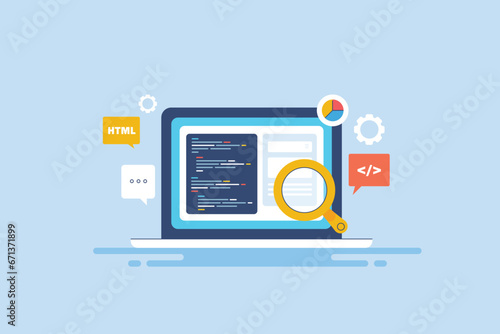Source code writing script software development programming language on laptop screen, information technology, digital data conceptual vector illustration web banner.