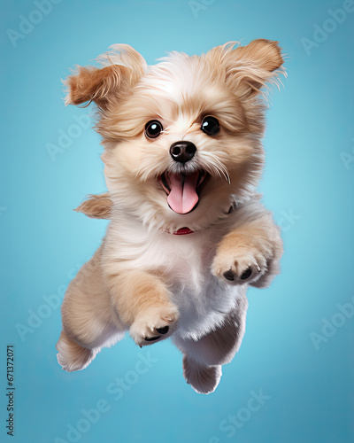 Fototapeta A cute dog jumping with a happy smile