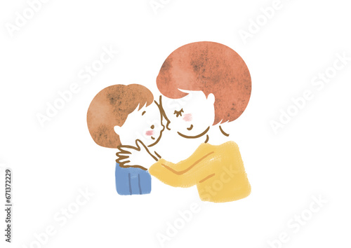 お母さんと男の子がおでこをくっつけて熱があるかどうか確かめているイラスト