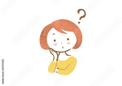 頬に手を当てて、頭にはてなマークが浮かんでいる女性の上半身イラスト