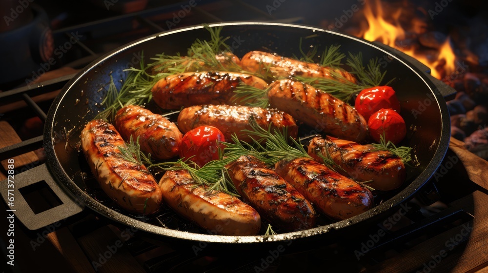 Delicious grilled sausages with tomatoes in a frying pan