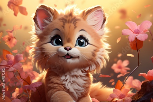 Cartoon character kitten 3d illustration for children. Cute fairytale cat print for clothes