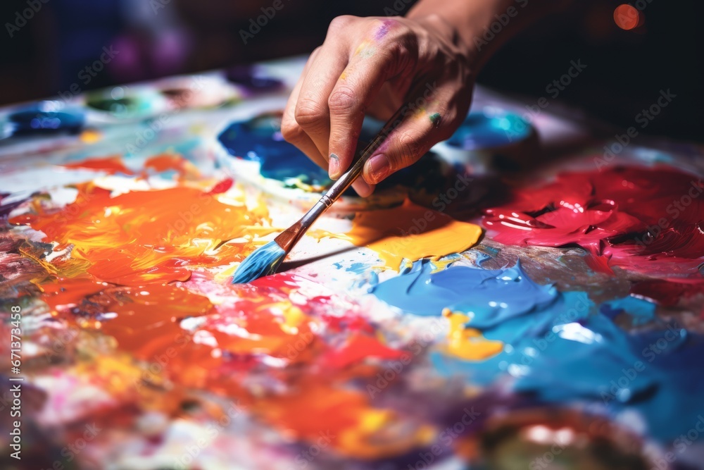 Close-up of painter hand mixing colors with the brush and palette Close-up of painter hand mixing colors with the brush and palette