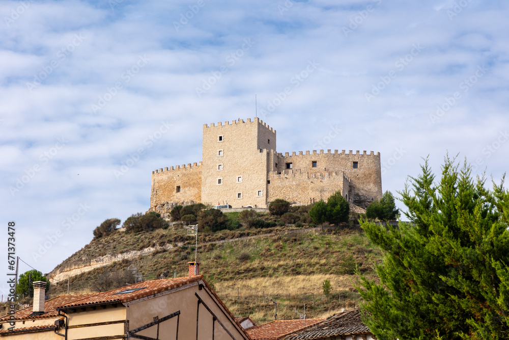 Curiel de Duero, Spain - October 12, 2023: different views of the medieval castle in the town of Curiel de Duero, province of Valladolid, Spain