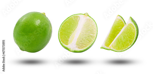 Flying lime and half slices isolated on white background. Clipping path.