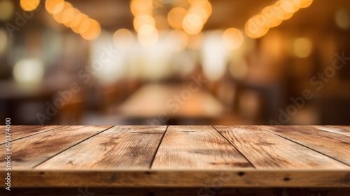 The empty wooden table top with blur background of cafe. Exuberant image. generative ai