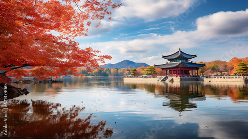 Gyeongbokgung palace in autumn lake