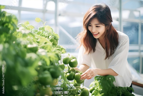 Asian woman harvesting fresh vegetables from rooftop greenhouse garden