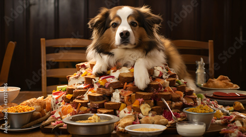 Hungry dog in big food mound