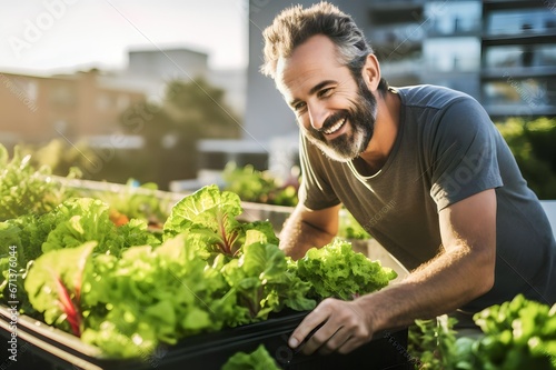 Man harvesting fresh vegetables from rooftop greenhouse garden
