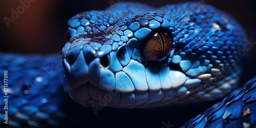 blue viper snake closeup face Generative AI Pro Photo,,Venomous Serpent Portrait