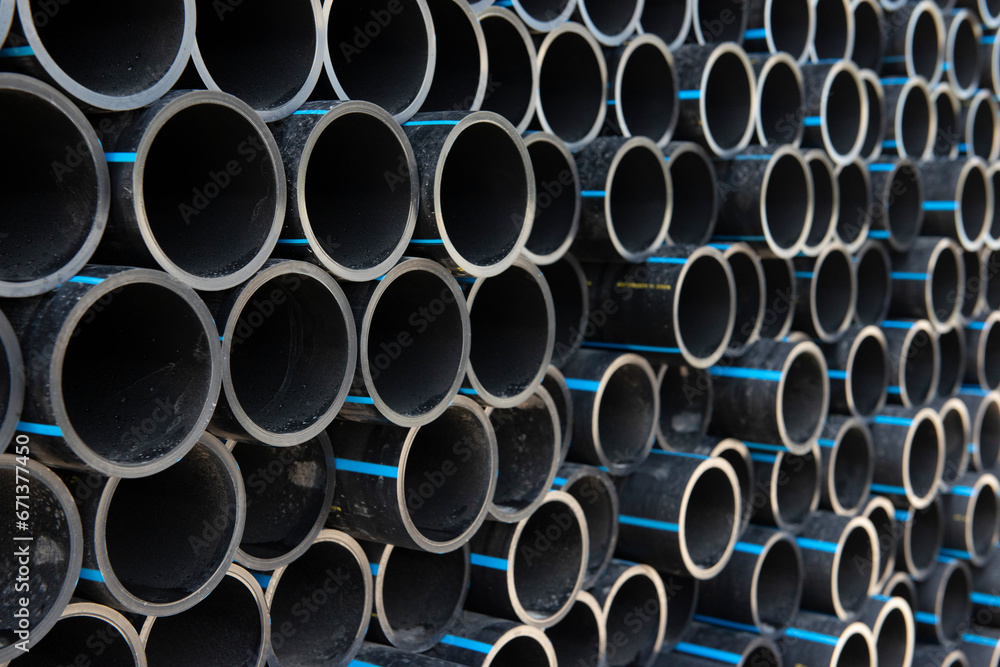 PE pipe plant, Industrial PE pipeline for gas and water. HDPE pipe, Polyethylene PE100 pipe. Polyethylene pipe plant