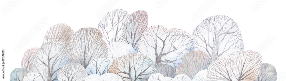 Winter landscape. Watercolor drawing with pencils. Winter forest. - obrazy, fototapety, plakaty 