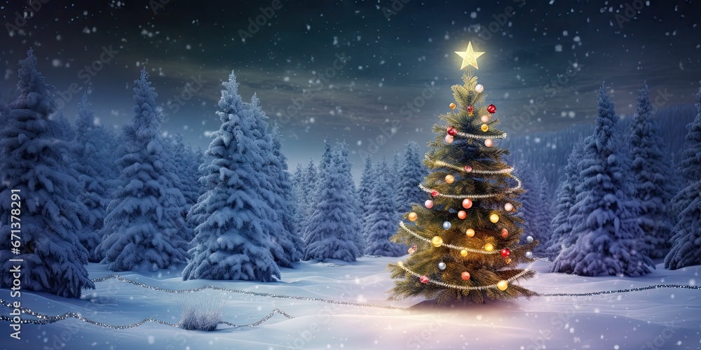 Winter glow. Illuminated christmas tree in snowy night. Festive forest. Glowing evening. Shining in landscape