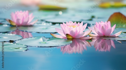 A reflection of lotus flowers on a still pond  with the gentle ripples distorting the image.