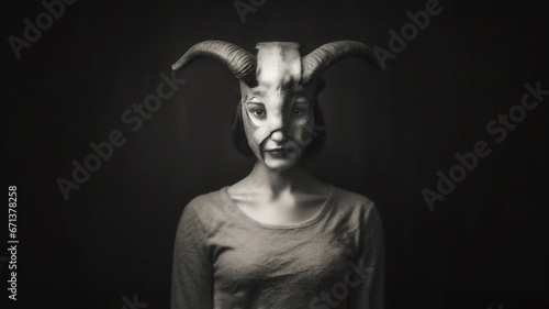 Studio portrait of a woman wearing a mask or headdress made of animal antlers. Surreal and mysterious. Stuff of nightmares.