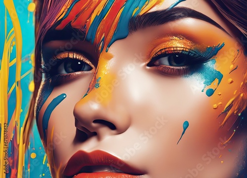 pop art illustration of rubber, a close-up of a woman's face with colorful paint © Reha
