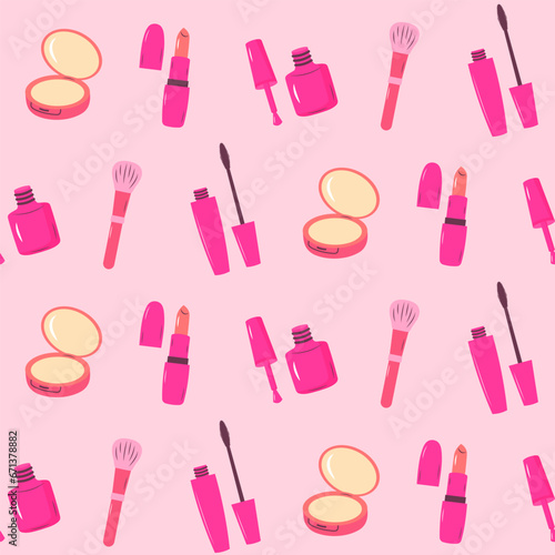 Pinkcore glamour seamless pattern. Pink pattern with makeup cosmetics.