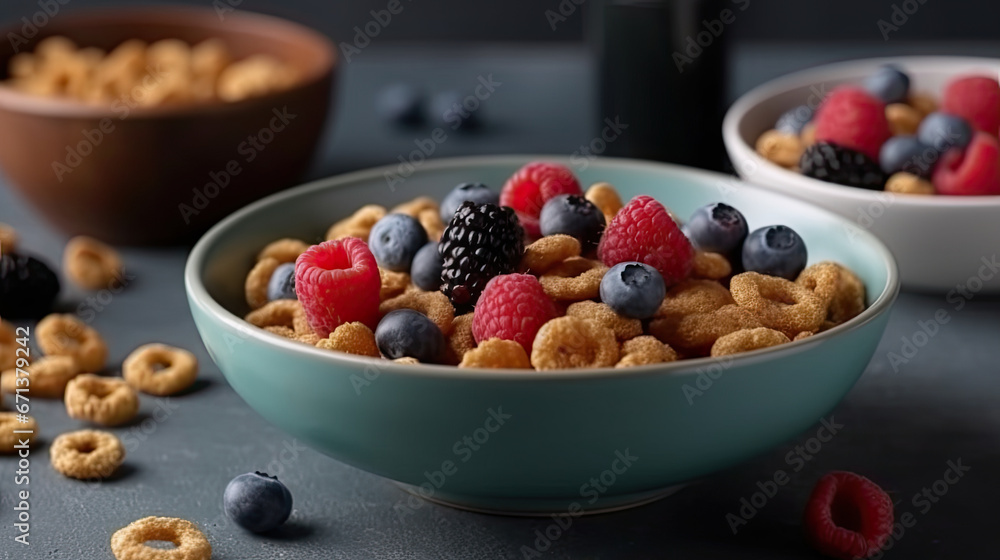 A bowl of cereal with berries and blueberries A bowl of cereal with berries and blueberries
