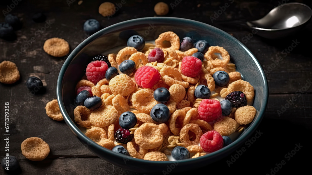 A bowl of cereal with berries and blueberries A bowl of cereal with berries and blueberries