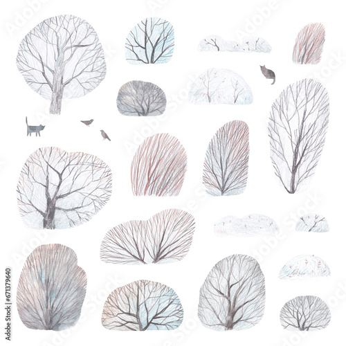 Lovely snow-covered trees. Isolated on white background trees without foliage. Childish illustration. Pencil drawing, watercolor. #671379640