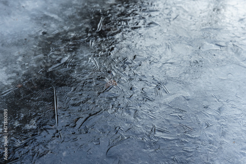 Thin ice layer on a frozen lake, natural background photo