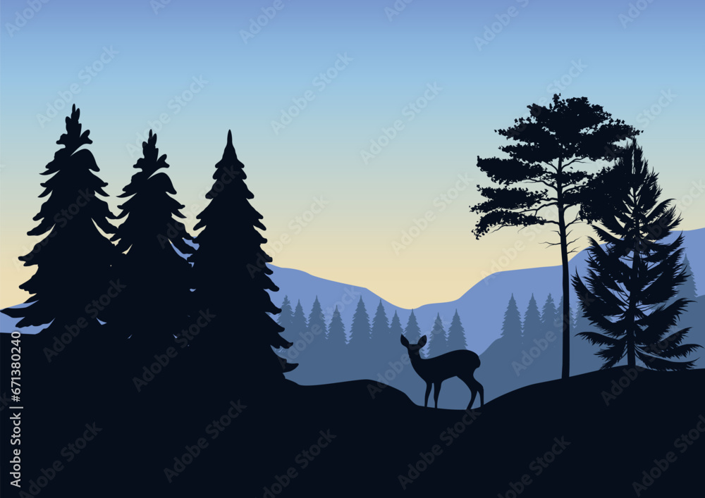 Mountains and pine forests with deer. Vector illustration in flat style. Mountains and pine forests with deer. Vector illustration in flat style.