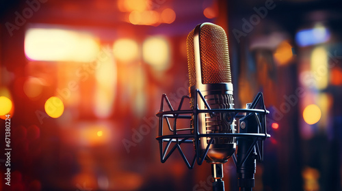 close-up view of a microphone in a vibrant karaoke club, ready for singers to take the stage