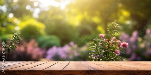 The empty wooden table top with blur background of garden. Exuberant image. generative ai © Summit Art Creations
