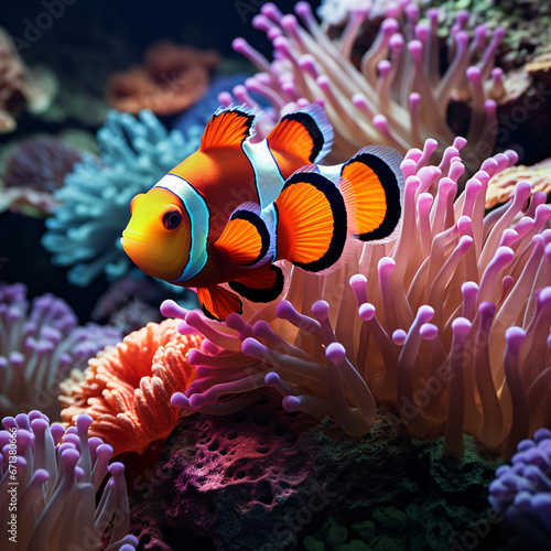 A colorful underwater ballet Clownfish navigating the vibrant coral reef tapestry