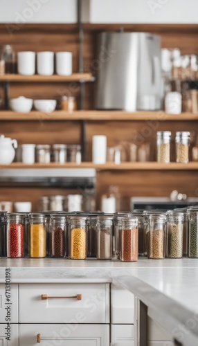 well-organized spice bottles in the white kitchen  stock photography