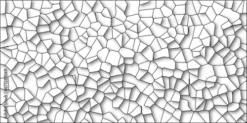 Black & White Broken Stained Glass Background with White lines. Voronoi diagram background. Seamless pattern with 3d shapes vector Vintage Illustration background. Geometric Retro tiles pattern