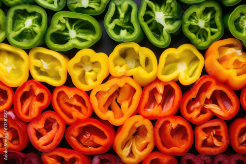 Mixed sliced multi colored sweet bell pepper background