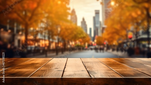 The empty wooden table top with blur background of business district and office building in autumn. Exuberant image. generative ai
